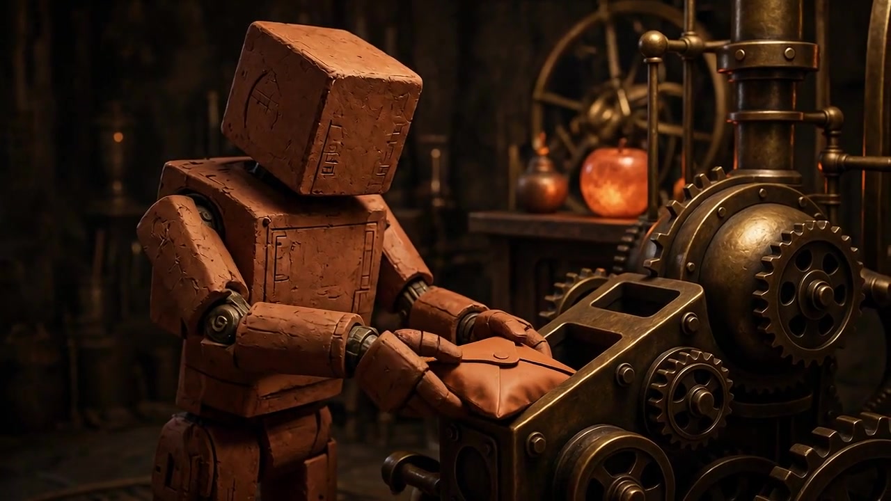 Terracotta ADM stands at a brass launch vault, sliding a sealed packet into a slot beside a glowing apple.