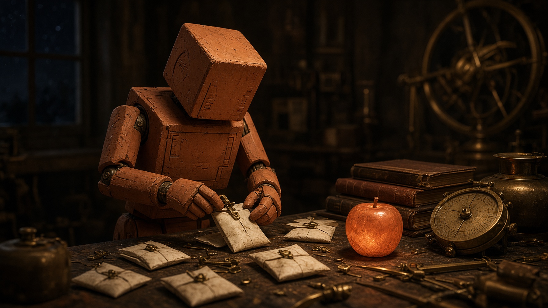 ADM, the maker, works at a brass and terracotta instrument table among sealed packets and a glowing apple of attention.