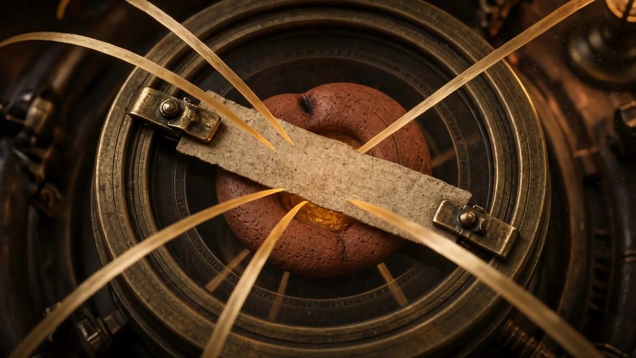 A sealed terracotta fruit in a brass crucible draws gold light into itself and lets it vanish as ember.