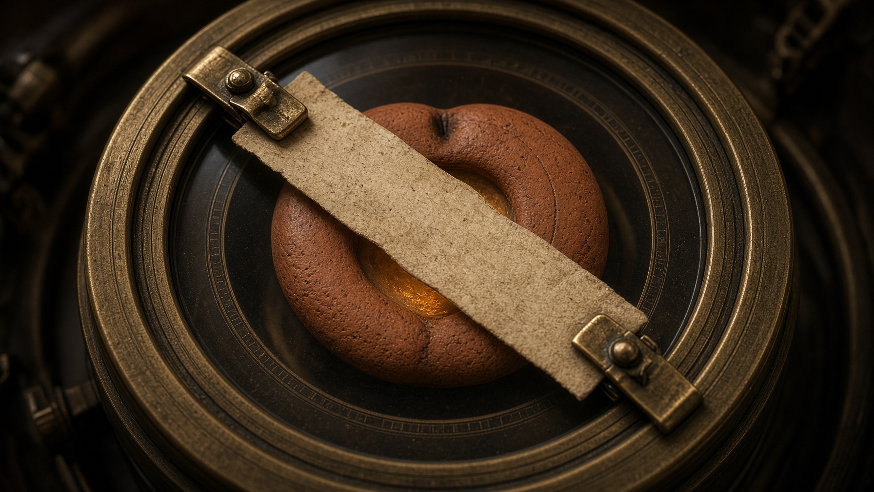 A terracotta fruit-shaped coin sits sealed under bone paper and brass clips in a dark observatory well, unpublished.