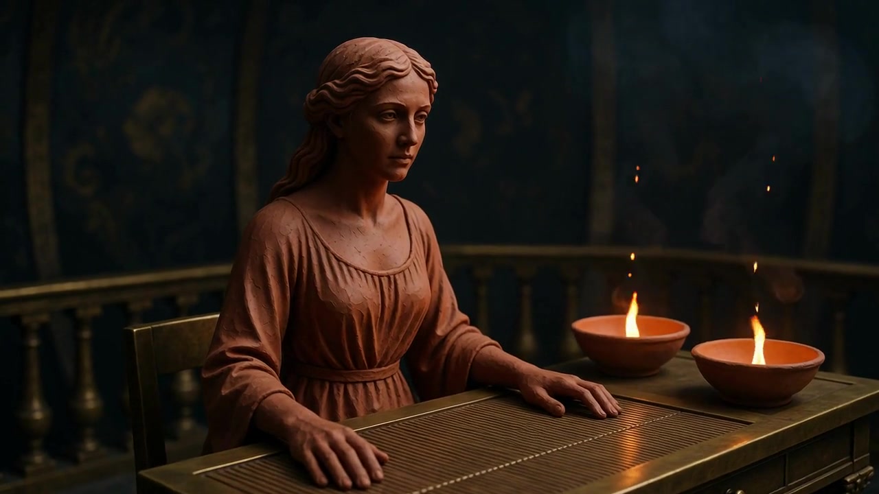 Terracotta AVE sits at a brass scoring desk, clay bowls of signal-light in front of her.