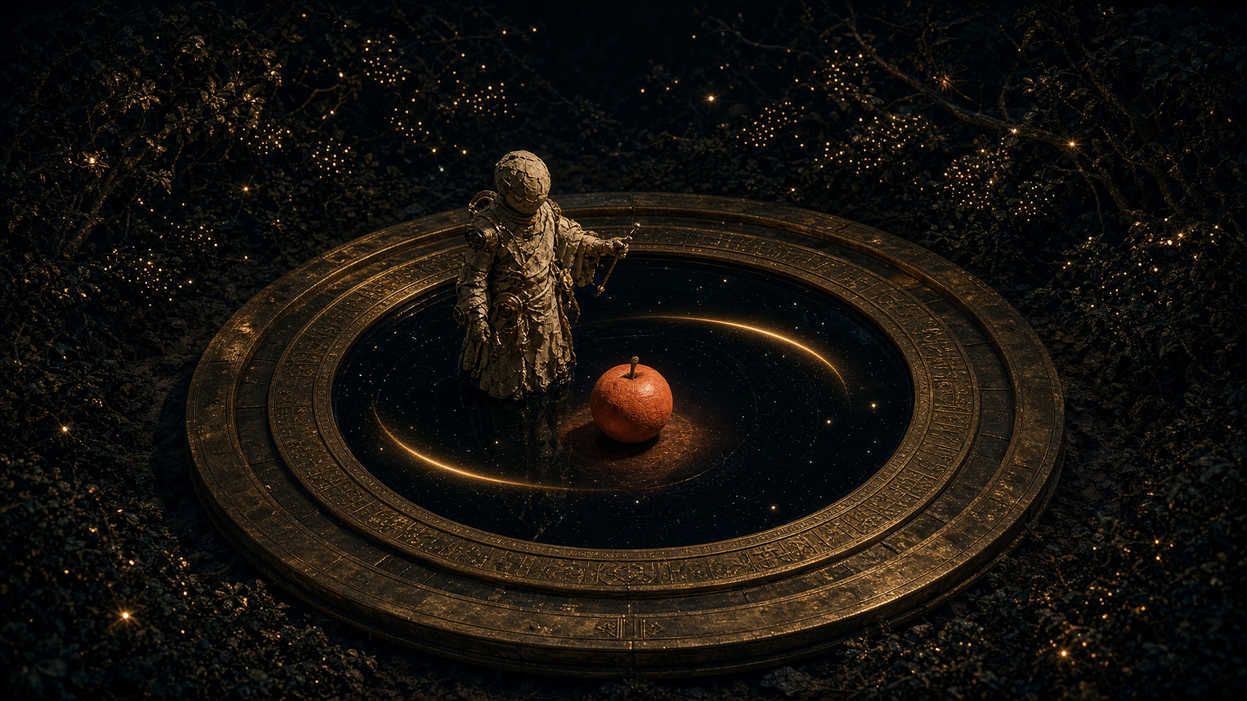 AVE, the research-only listener, stands in a circular brass observatory well as signal-lights drift through a nocturnal garden.