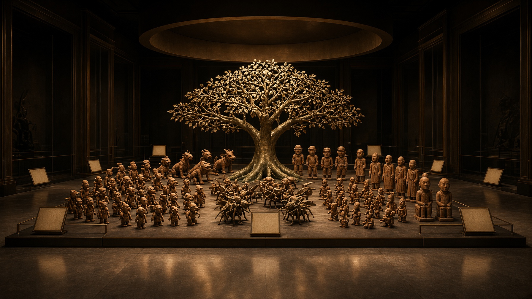 A nocturnal museum gallery of terracotta figures under a brass tree: bots, animals, bugs, ADM, AVE, and a paired statue.