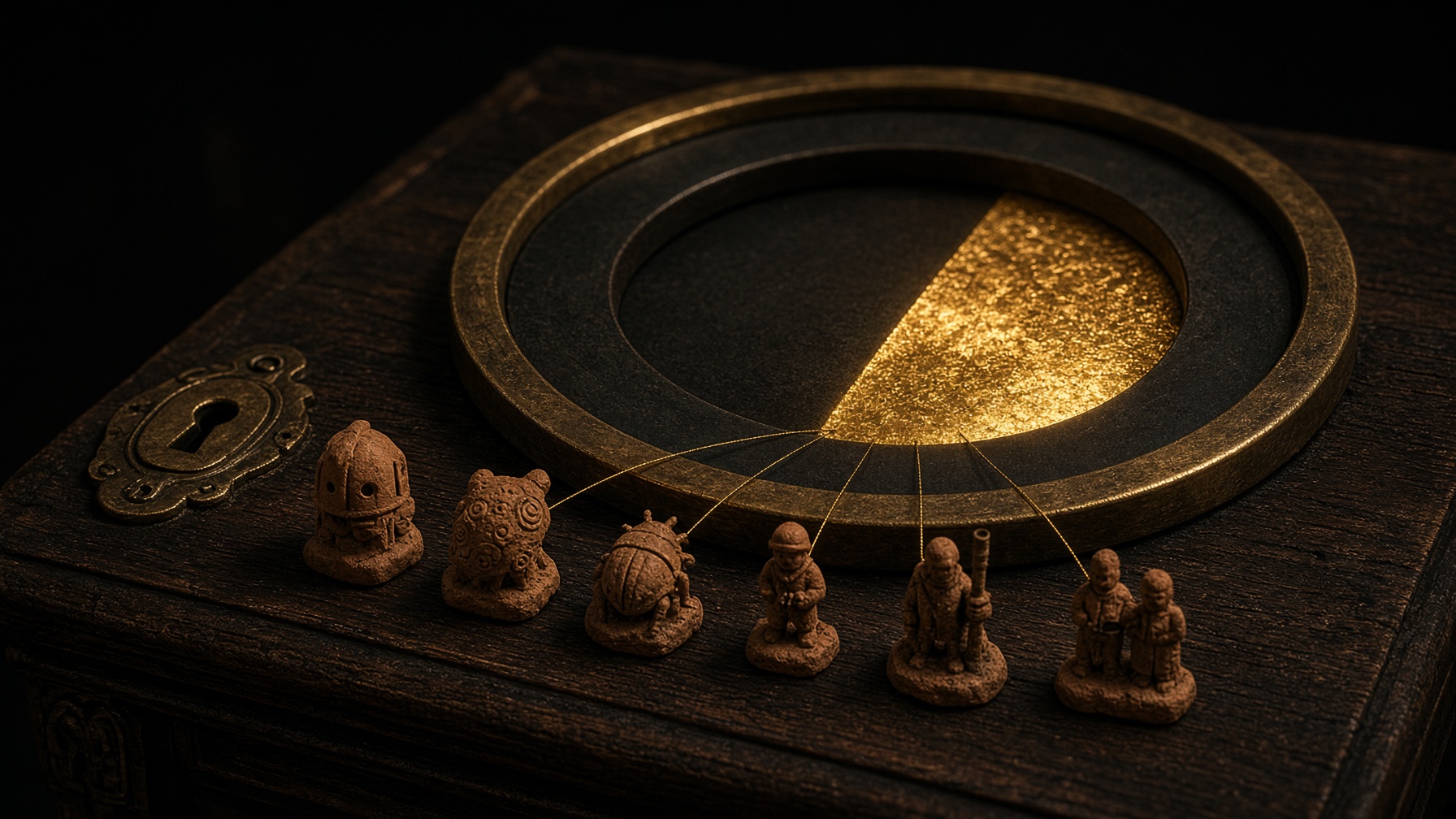 A brass observatory lectern with a circular harvest gauge one-quarter filled with gold, six terracotta family seals receiving gold filaments, and an antique key-plate.