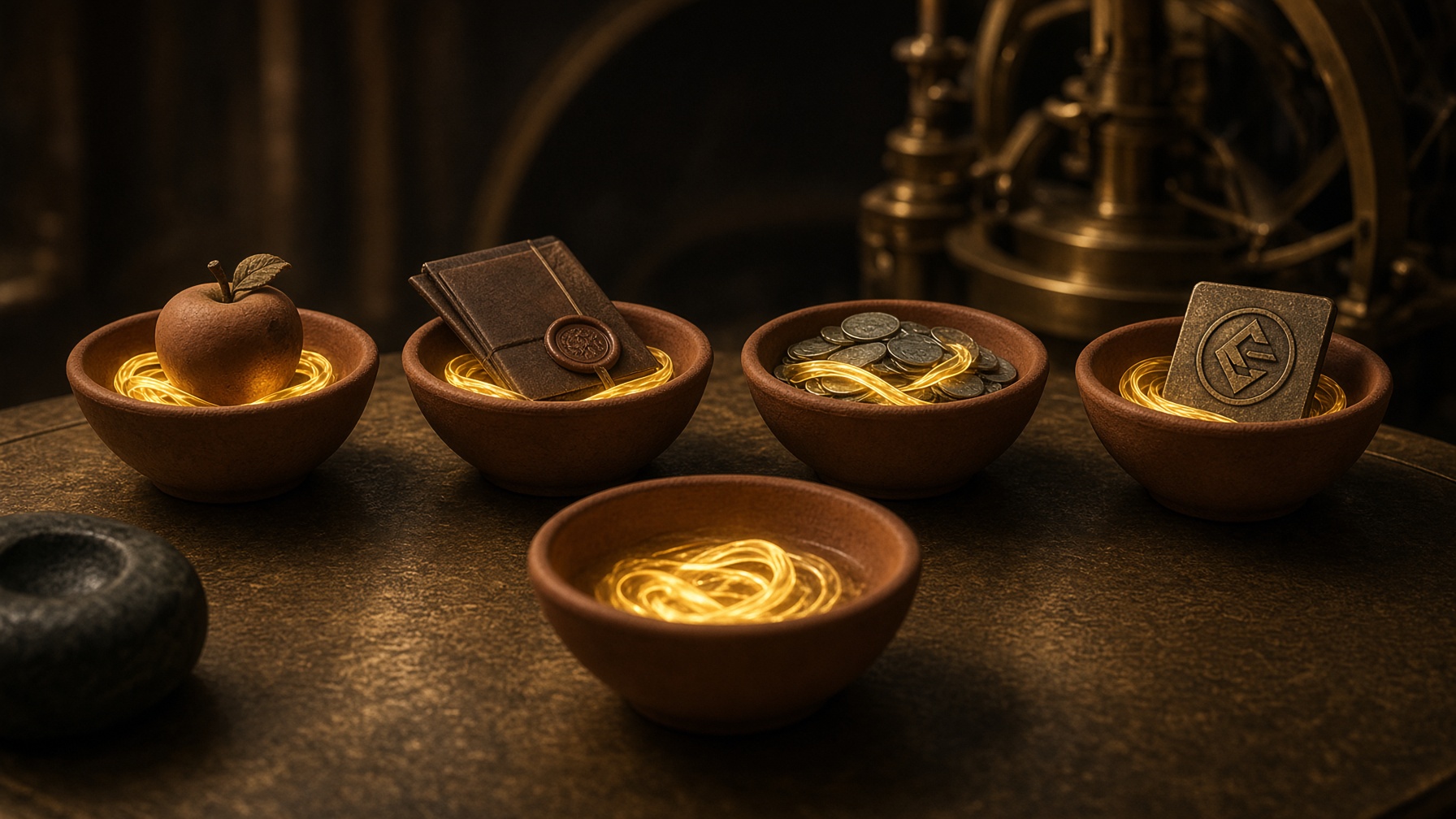 Four terracotta bowls in a row on a brass desk catch separate gold ribbons, with a fifth bowl collecting a quarter of the gold.