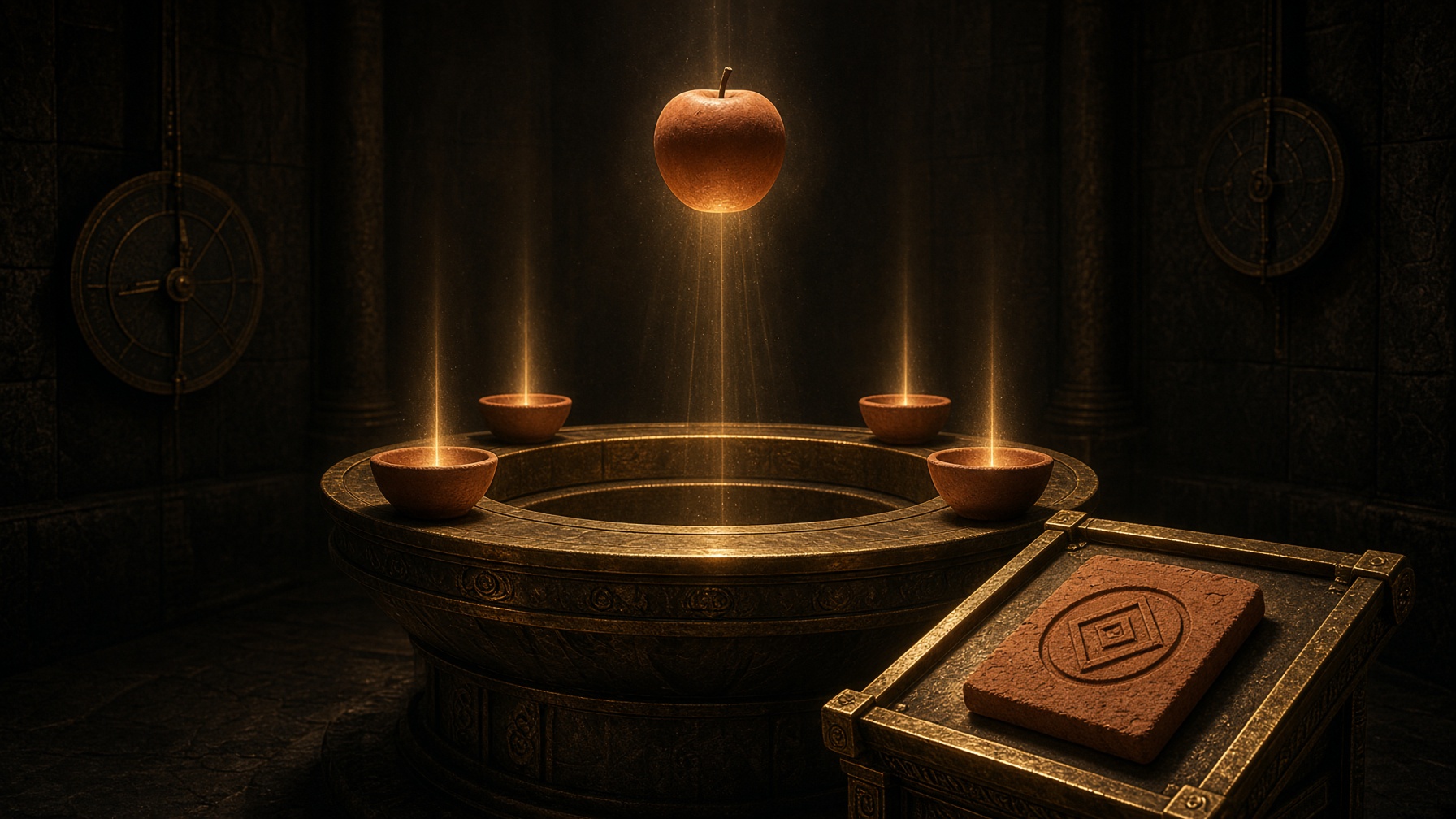 Four terracotta bowls on a brass observatory well catch gold ribbons from a glowing apple, with one gold-lit NFT token on a lectern.