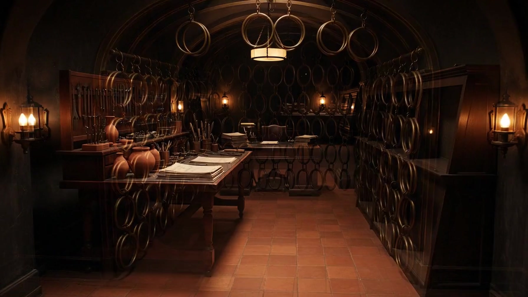 A terracotta path through six observatory rooms under brass rails.