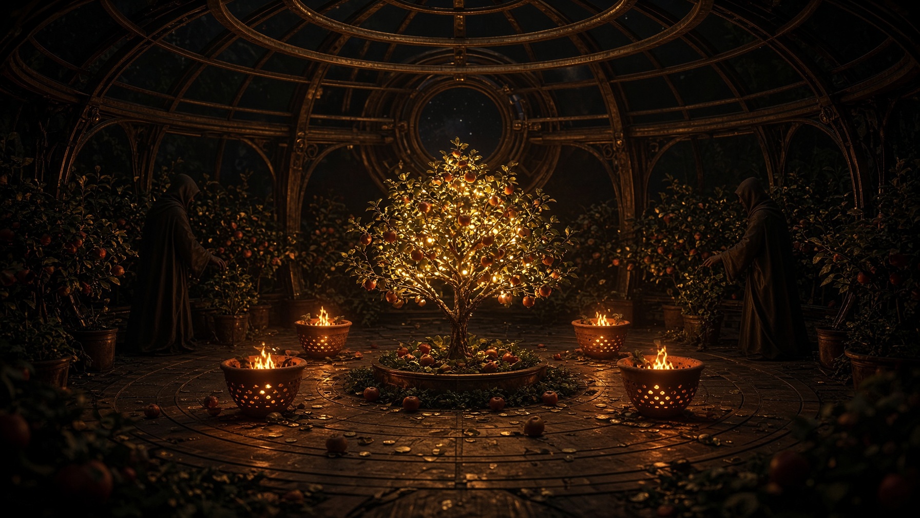 Four equal terracotta baskets surround a central apple of light inside a nocturnal brass observatory orchard.