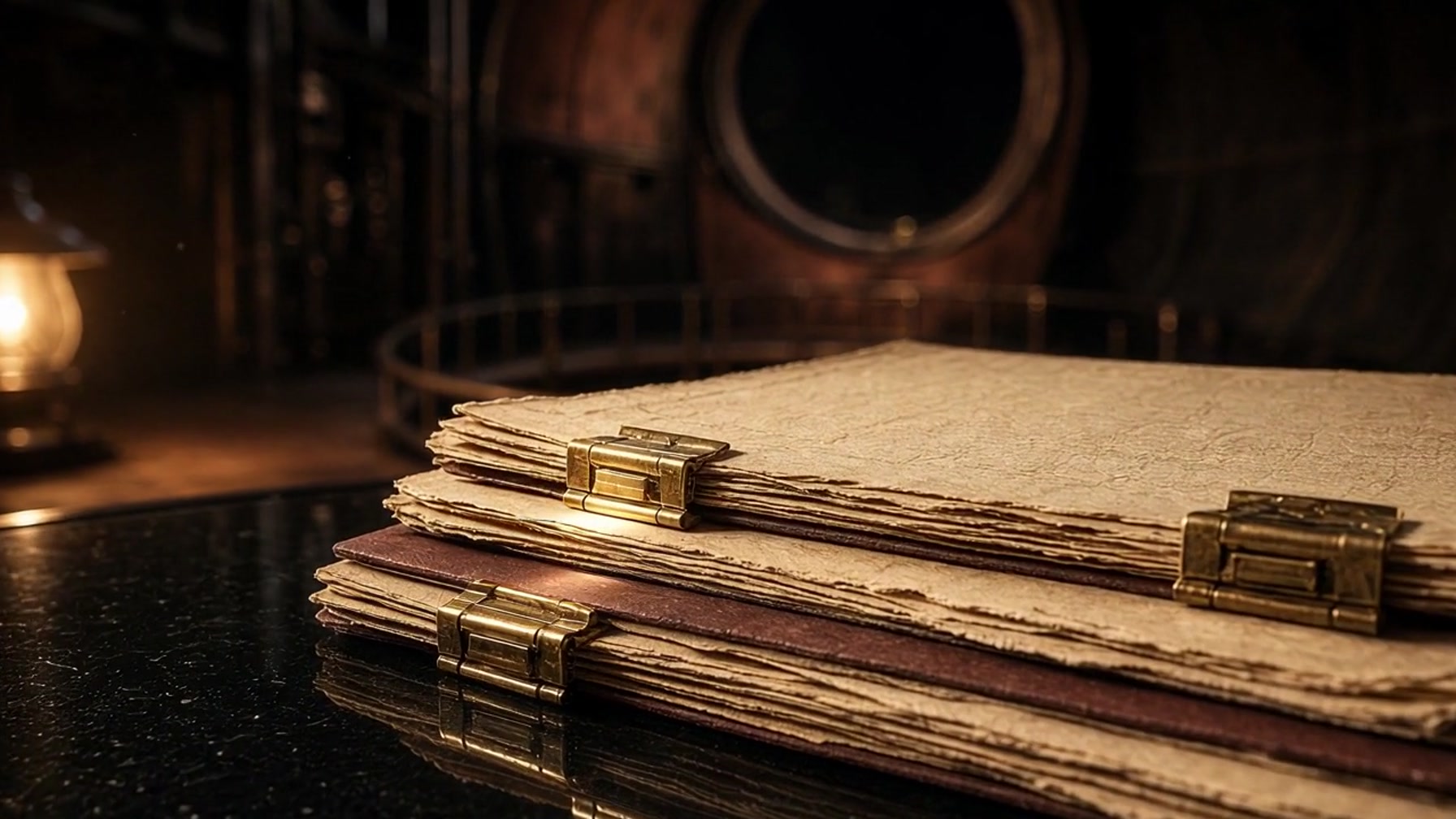 Stacked bone-paper dossiers with brass clips on black glass.