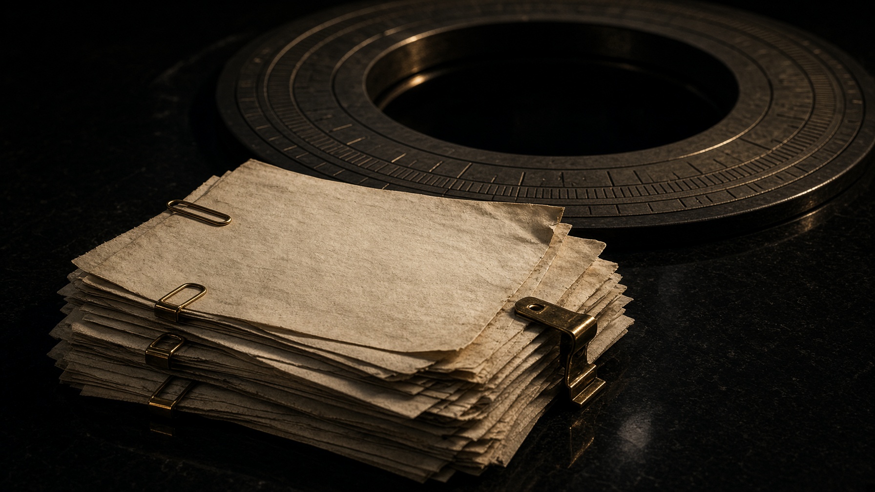 Stacked bone-paper dossiers with brass clips on black glass, an observatory well behind them.
