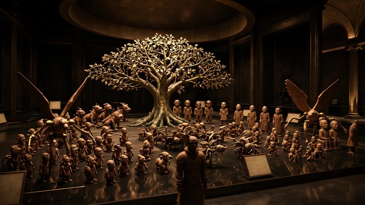 Six brass-framed alcoves in a nocturnal museum hold terracotta bots, animals, bugs, AVEs, ADMs, and one paired statue.