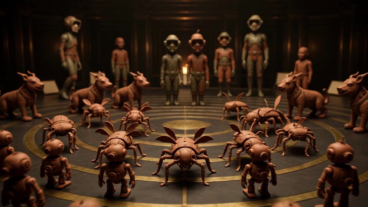 Terracotta figures stand on concentric brass rings, growing from a crowd of bots to one rare paired statue.