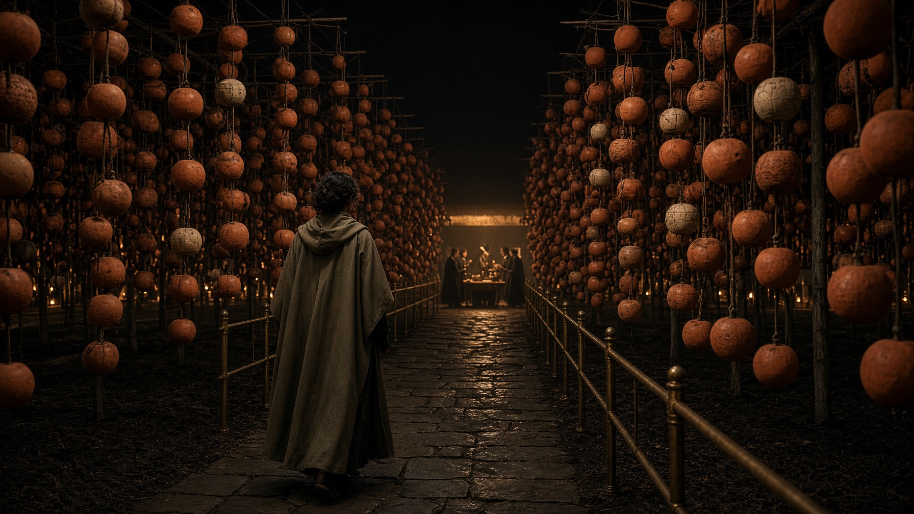 AVE walks a brass path through an orchard of 111 terracotta apples while distant holders wait at the edge.