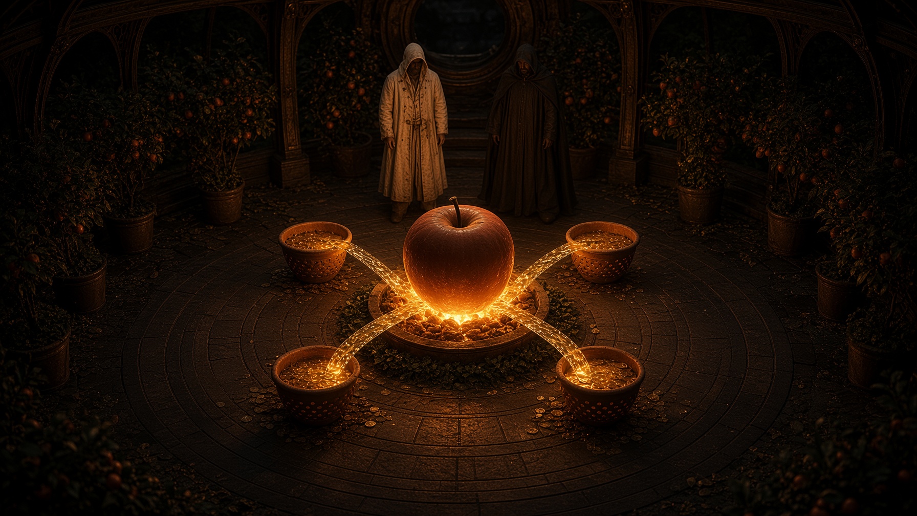 Four terracotta baskets sit at the compass points of a nocturnal observatory well, each catching an equal ribbon of gold from a glowing fruit.
